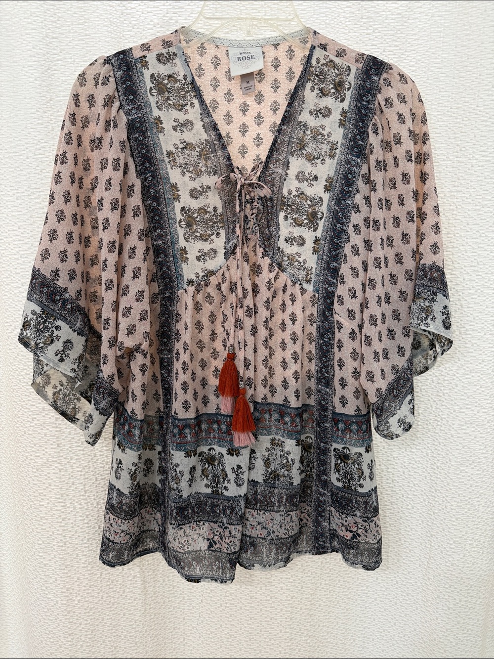 Knox Rose Sheer Pink Floral Boho Tassel Top